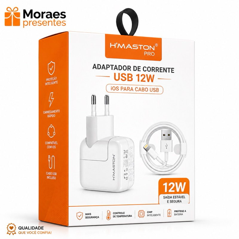 Carregador H’Maston Pro 12W com cabo iOS incluso. Carregamento rápido, seguro e eficiente.