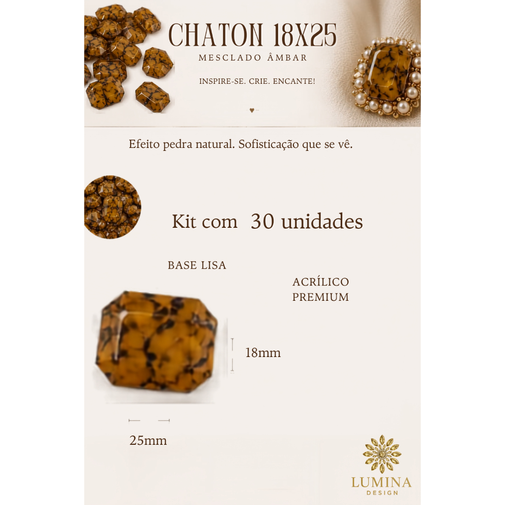 Kit 30 Chatons Octogonal 18x25 Âmbar Pedra Acrílica base plana para Colagem Moda e Artesanato
