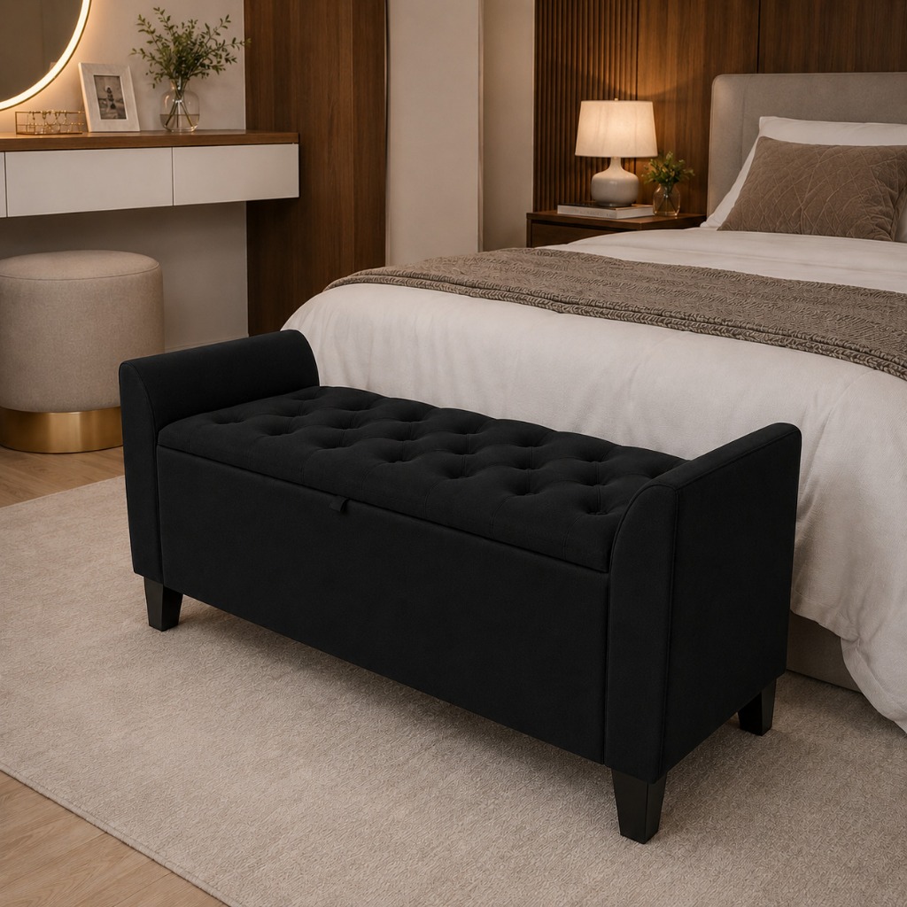 Baú Recamier Divã Paris 120cm Capitonê Suede Banco Estofado com Baú para Quarto Sala Madeira Puff
