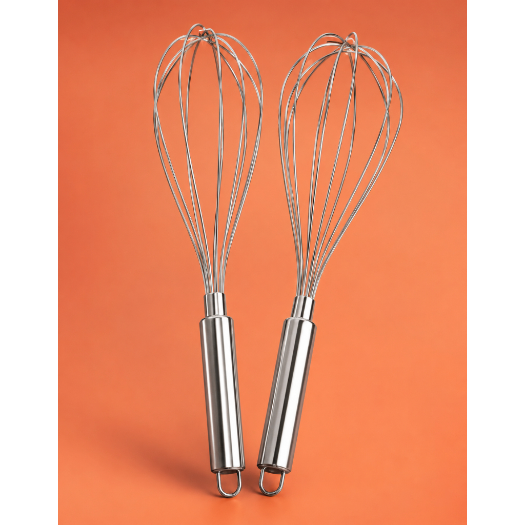 Kit 02 Batedor de Claras Ovos Massa de Bolo Fue/Fouet Manual Aço Inox Fácil de Limpar Chantily Aerado Cabo Firme