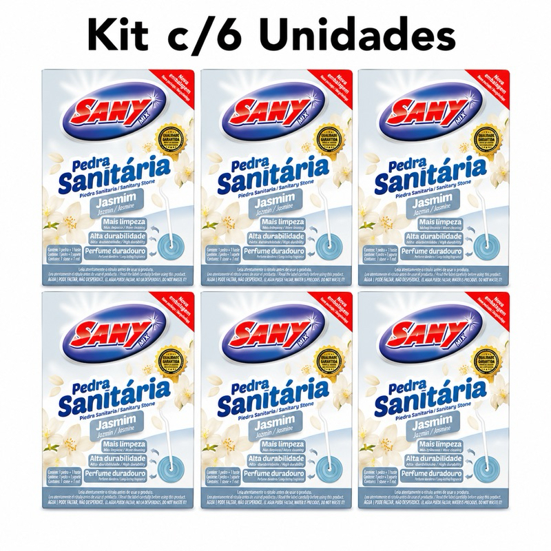Kit C/6 Pedra Sanitária Sany Mix Jasmim para Vaso Sanitário com Suporte e Haste | Fragrância Jasmim Duradoura