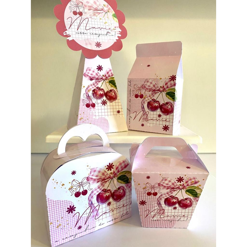 Kit Caixinhas Papelaria Personalizada Cerejinha Lembrancinha Surpresa Aniversário Festa Infantil Desmontado