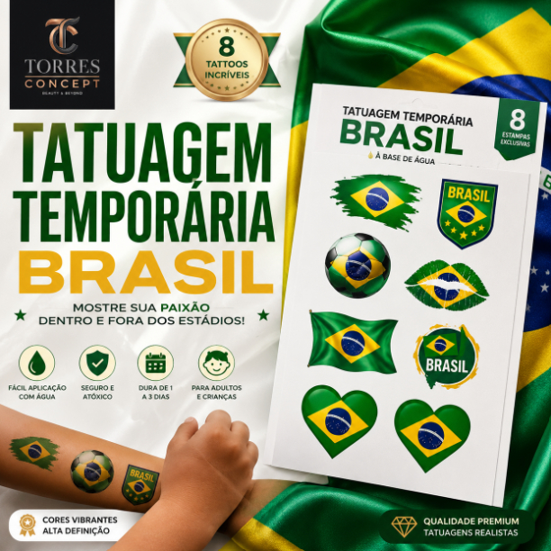 Tatuagem Temporária Brasil Cartela Tattoo Infantil Adulto Copa Do Mundo Torcedor Removível Água