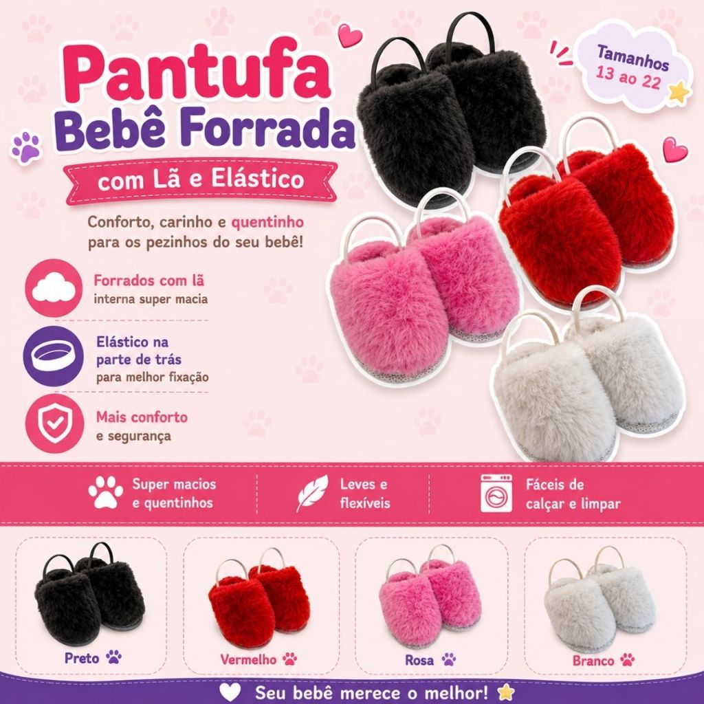 Pantufa Chinelo Bebê Soft Confort com Elástico e Antiderrapante Luxo