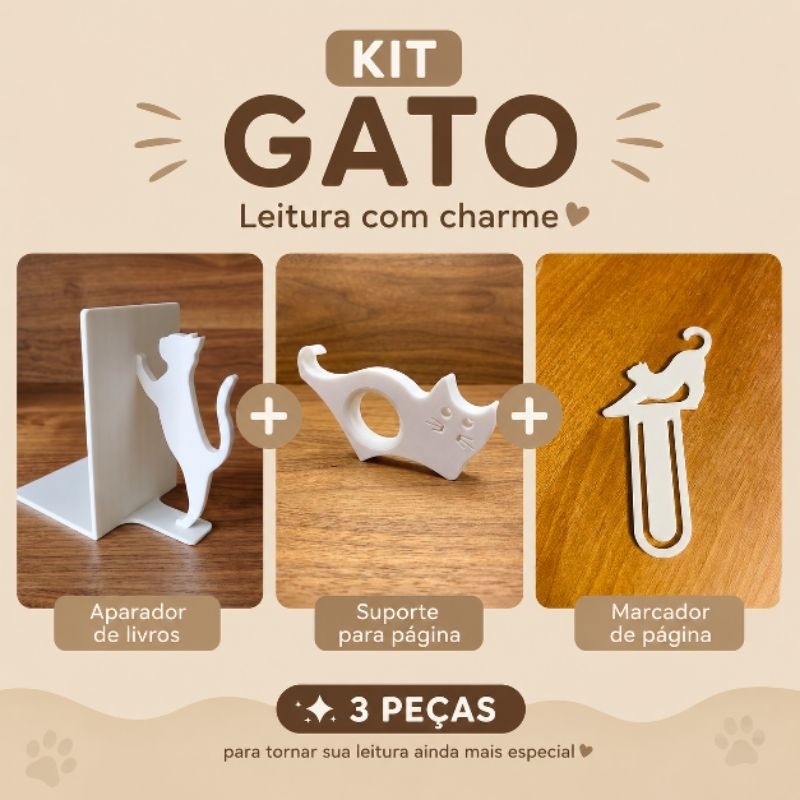 Kit Gato Leitor 3 em 1 – Aparador de Livros + Marcador de Página + Apoio para Página | Impressão 3D