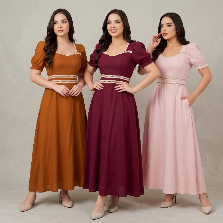 Vestido Evangélico Fátima c/ Bolsos Midi Godê Manga Princesa Festa Madrinha Detalhe Renda Guipir KT