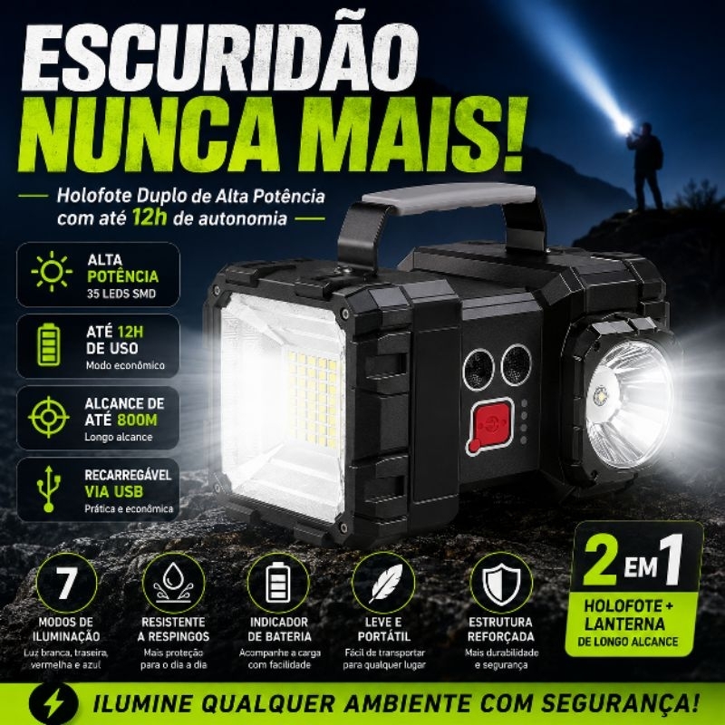 Lanterna Holofote Recarregável LED 8000mAh Power Bank Bivolt Alto Alcance Camping Emergência