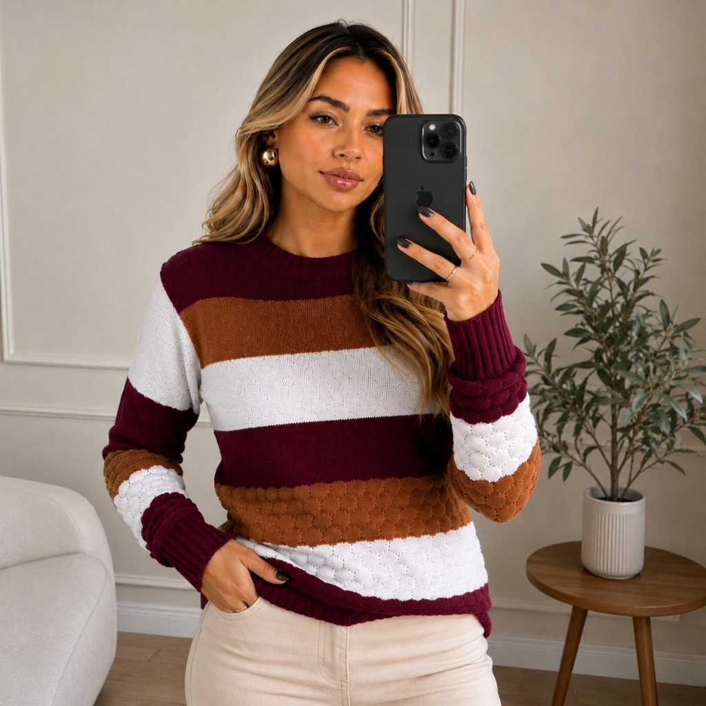 Blusa Feminina de Frio Listrada de Tricot Lã Premium Manga Longa Gola Redonda Blusão Listrado Tricolor Inverno