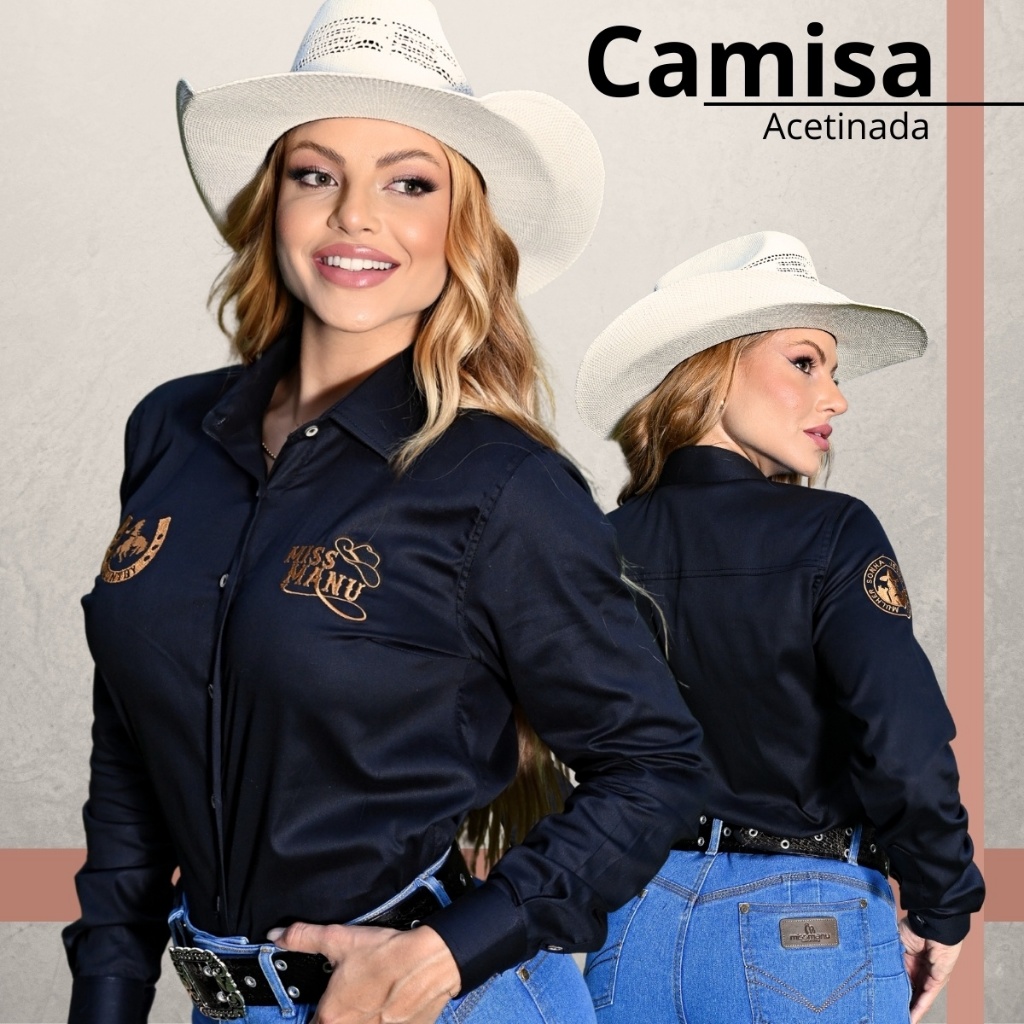 Camisa Feminina Acetinada Preta Manga Longa | Estilo Rodeio Moderno | Toque Premium Elegante