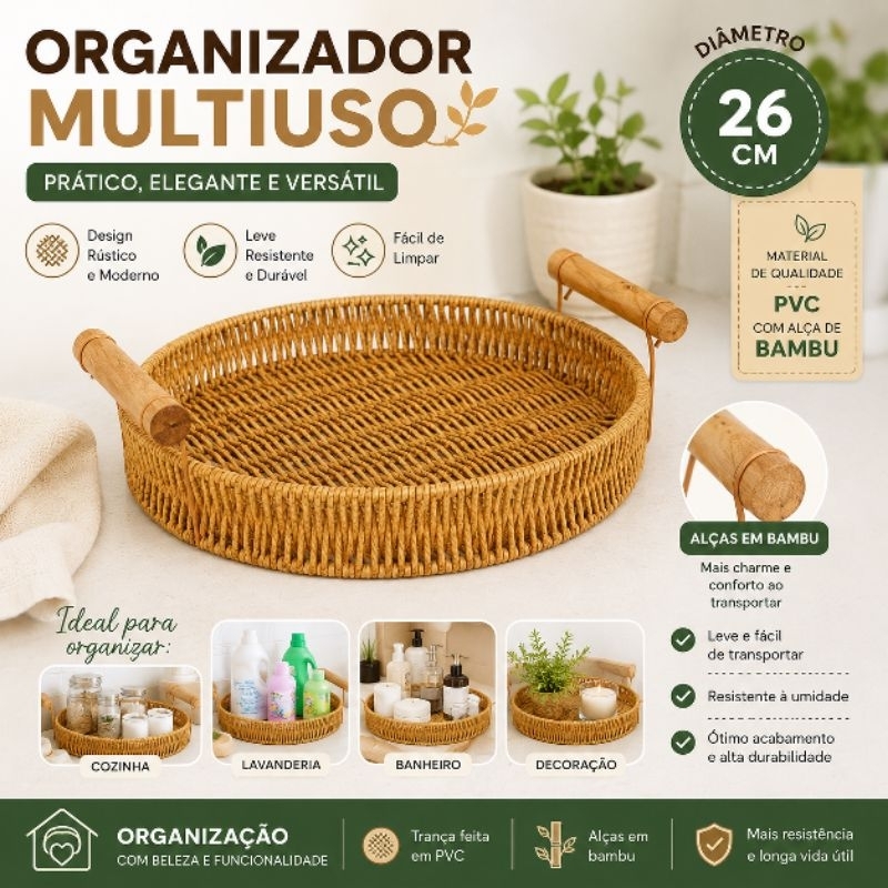 Bandeja de Plástico 26cm Redonda Trançada com Alça