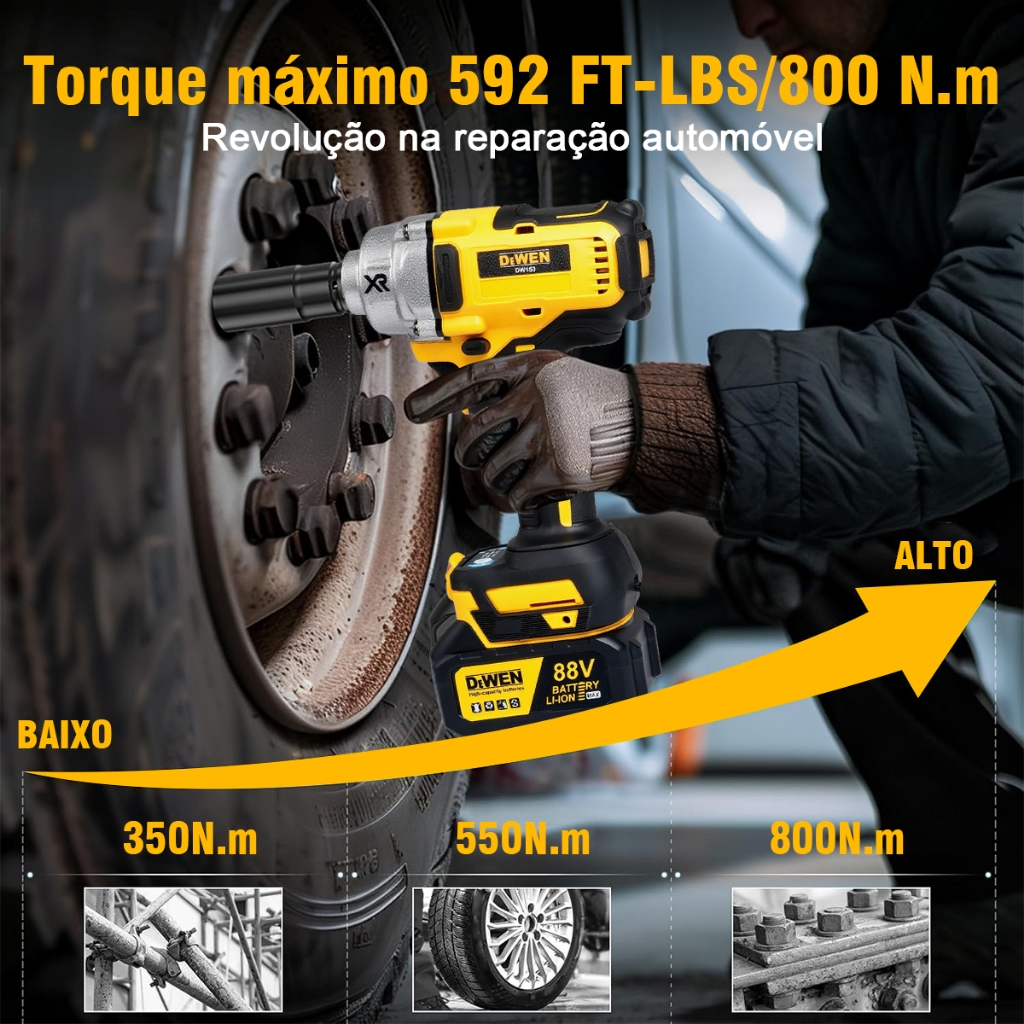 Chave de Impacto 800NM Parafusadeira Furadeira Brushless com Luz LED e Motor Sem Escova para Automóveis e Construção