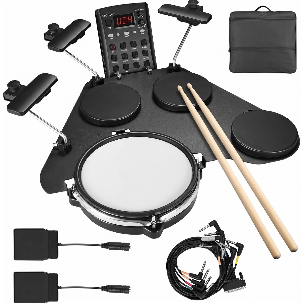 Bateria Eletrônica Portátil para Iniciantes com Pads de Caixa Silenciosos em Mesh, Mais de 220 Sons, USB MIDI, Pedal Dup