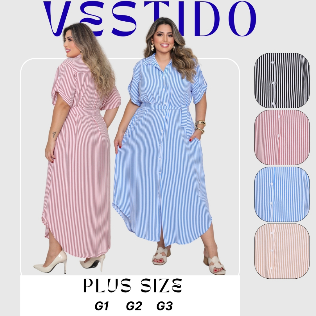 Vestido Chemise Plus Size Longo Listrado Botões Frontais Cinto Ajustável Bolsos Tecido Duna Premium