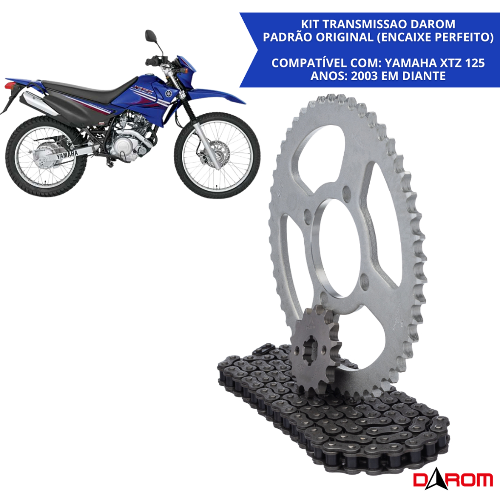 Kit Relação Transmissão Yamaha XTZ 125 2003 A 2024 Corrente 428H 122 Elos Coroa 48 Dentes Pinhão 14 Dentes Darom