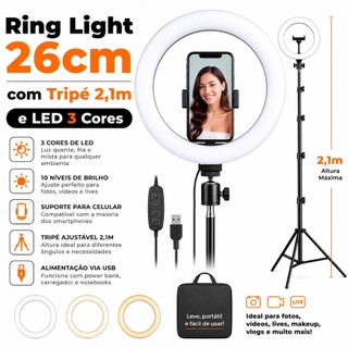 Ring Light 26cm com Tripé 2,1m e LED 3 Cores p/ Fotos, Vídeos, Maquiagem e Lives Profissi…
