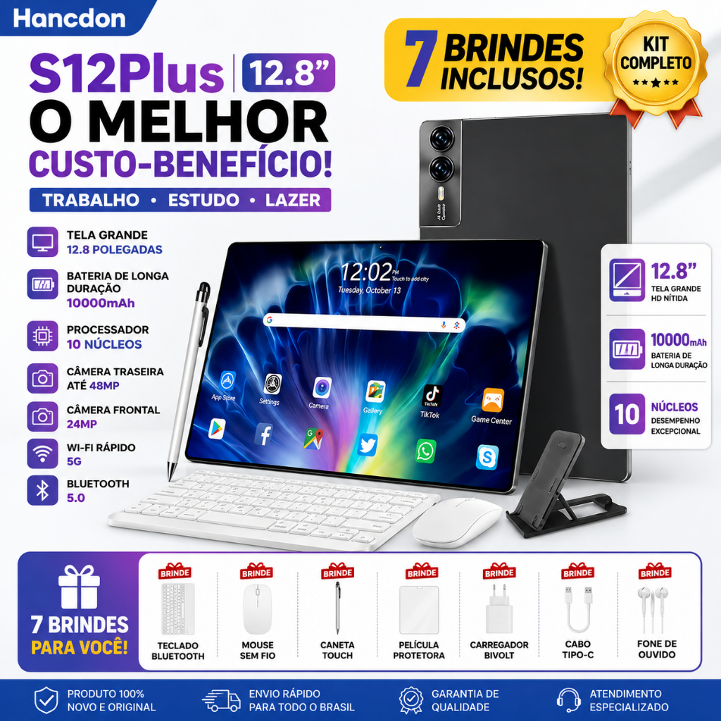 【Teclado, mouse e alto-falantes gratuitos】S12 Plus Tab 12.8-inch Tablet 16GB+1024GB features 5G and Dual SIM. 10000mAh