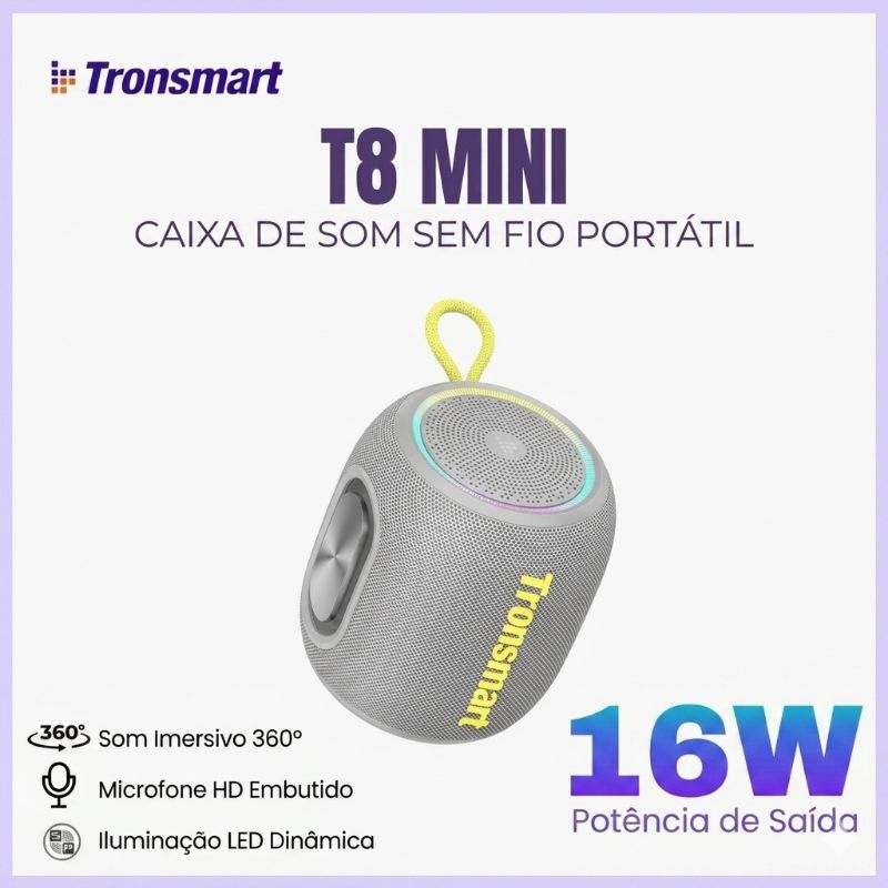 Caixa De Som Bluetooth Tronsmart T8 Mini Potente IPX7 Som 360° Grave Forte 20H Cinza