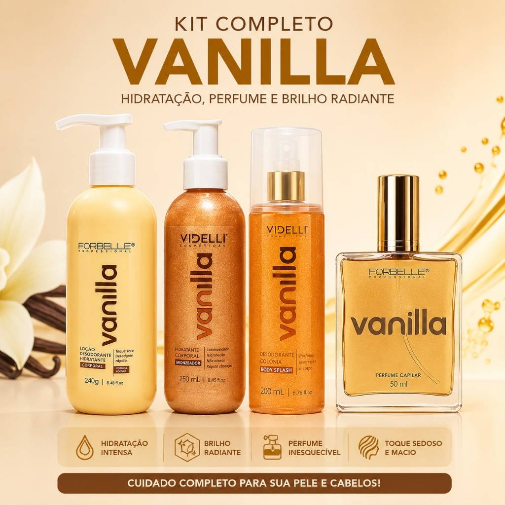 Kit Vanilla Forbelle Professional Body Splash Loção Hidratante Perfume Capilar Sabonete Líquido