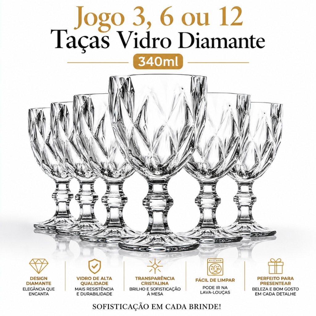 Taças Diamond 340ml Jogo 6 ou 12 Unidades Vidro Transparente Água Vinho Suco