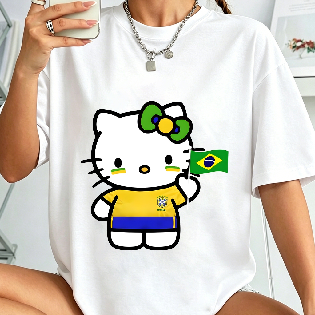 Camiseta 100% Algodão Hello Kitty Bandeira do Brasil Copa do Mundo,Plus Size P ao G3,Unissex Torcedora Brasil Copa