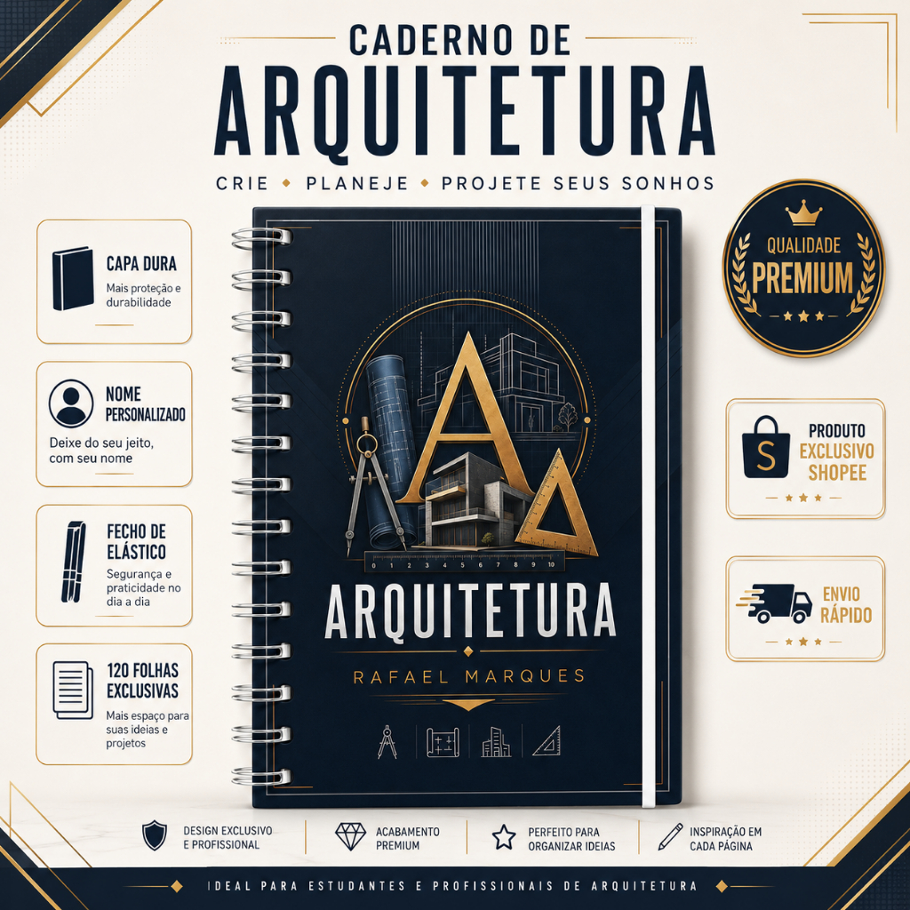 Caderno Masculino Personalizado de Arquitetura com Nome Capa Dura 22x16cm Premium 120 Folhas