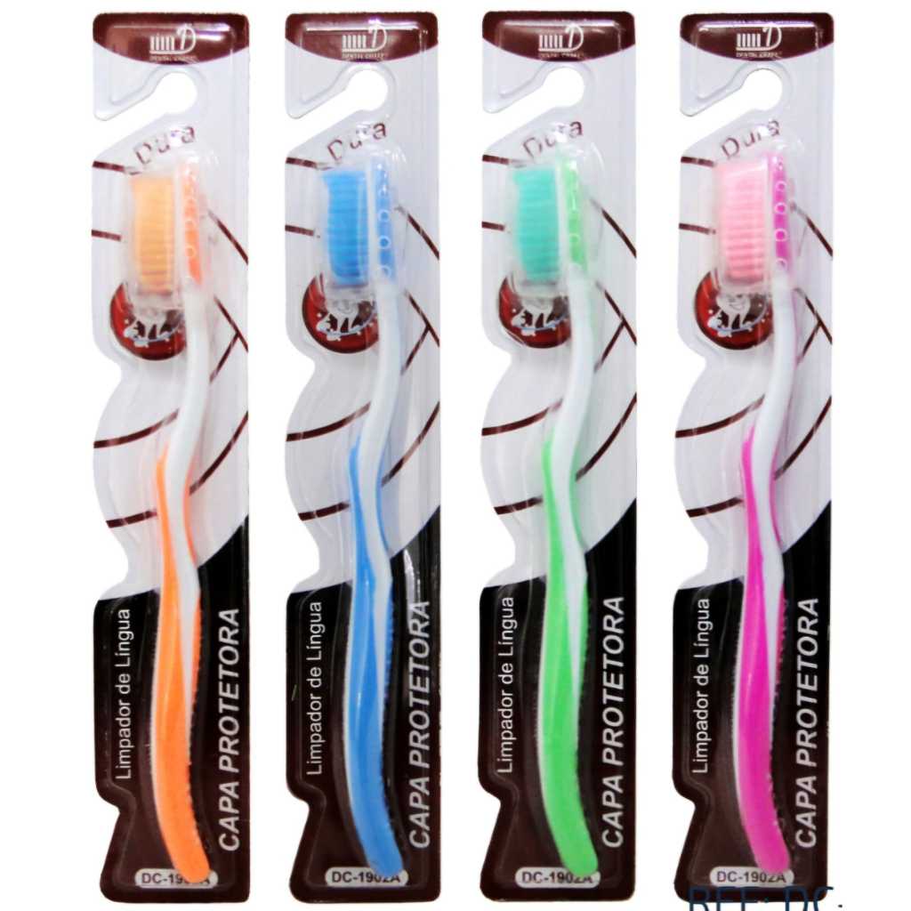 kit 4 Escova Dental Dura Adulto com Capa Protetora e Limpador de Língua.