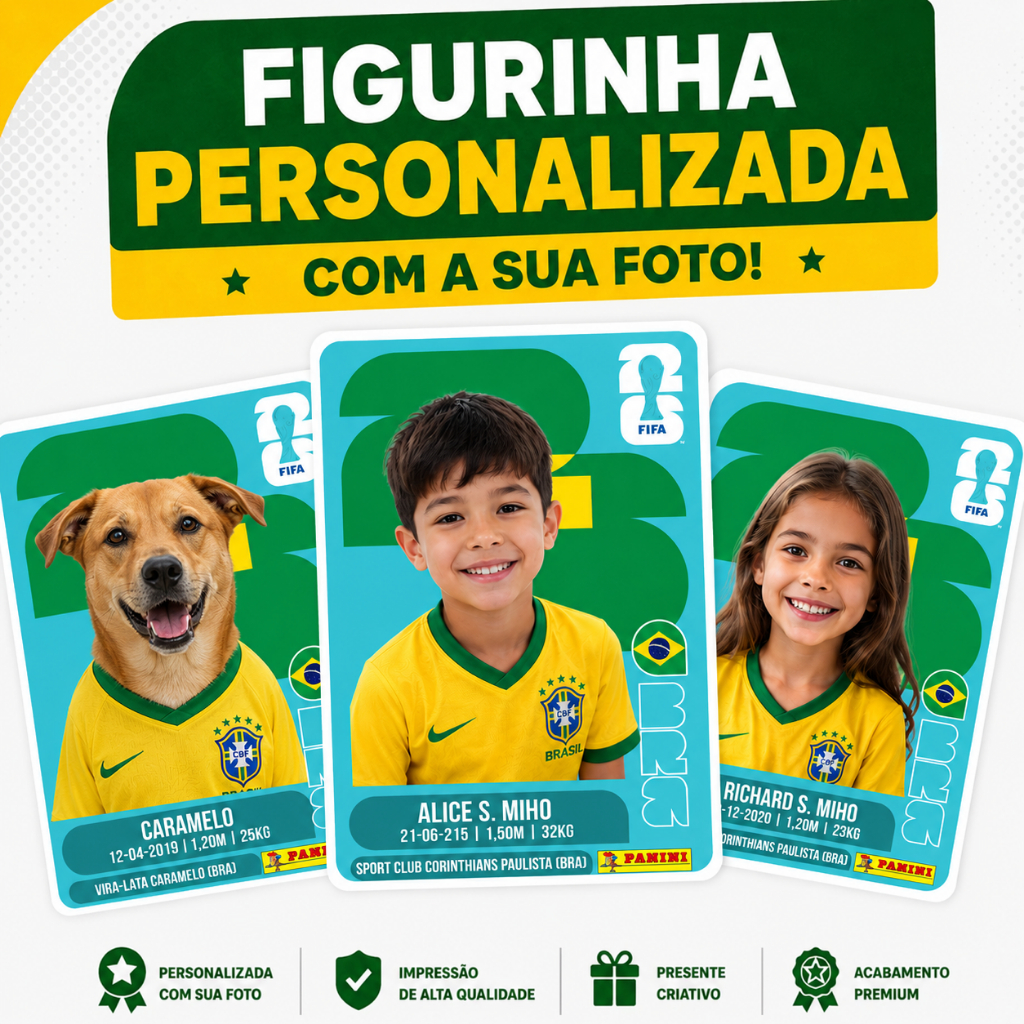 Figurinhas da Copa personalizadas com foto - kits 3 a 12 figurinhas auto-colantes para seu álbum