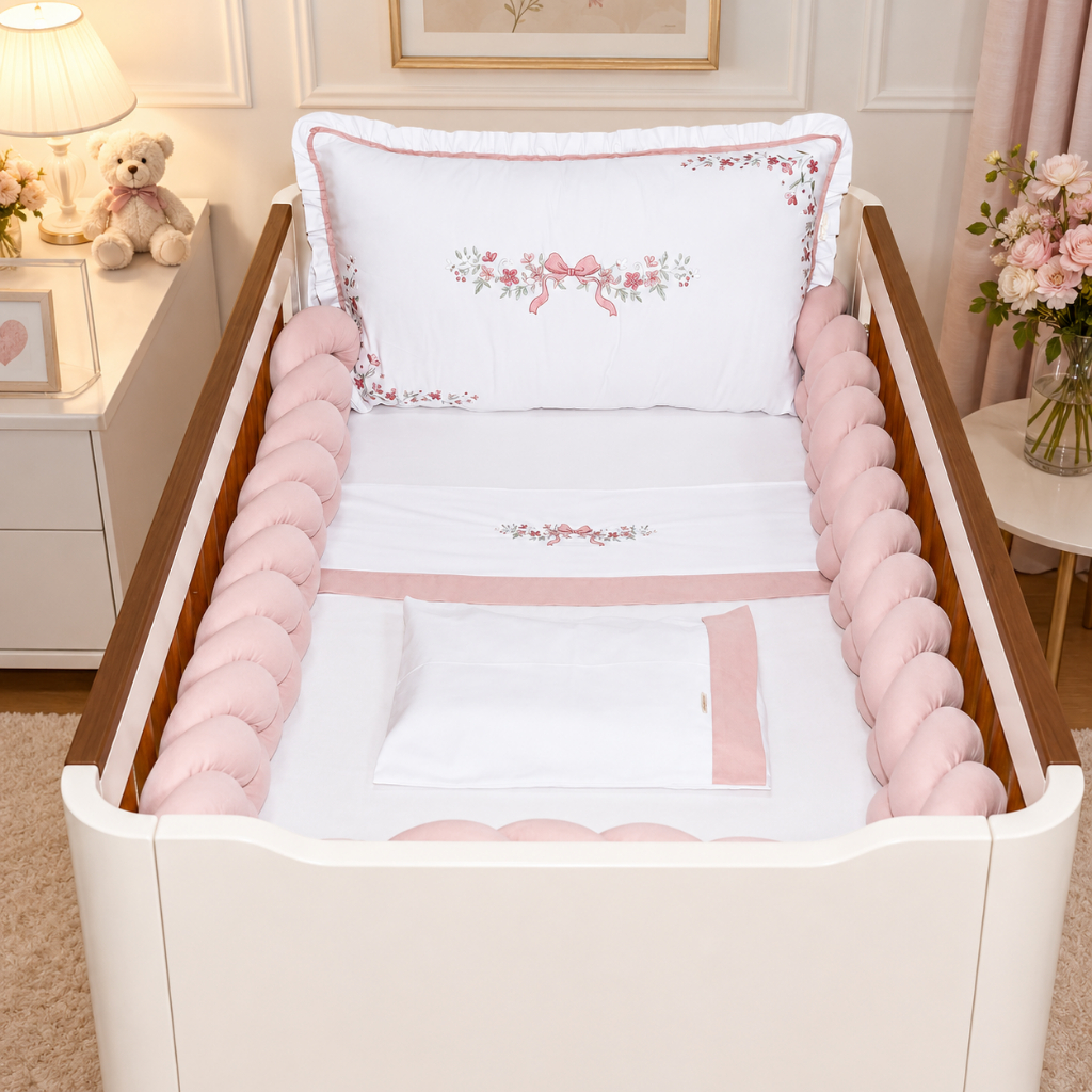 Kit Berço americano menina floral minimalista laço rose luxo bordado com trança