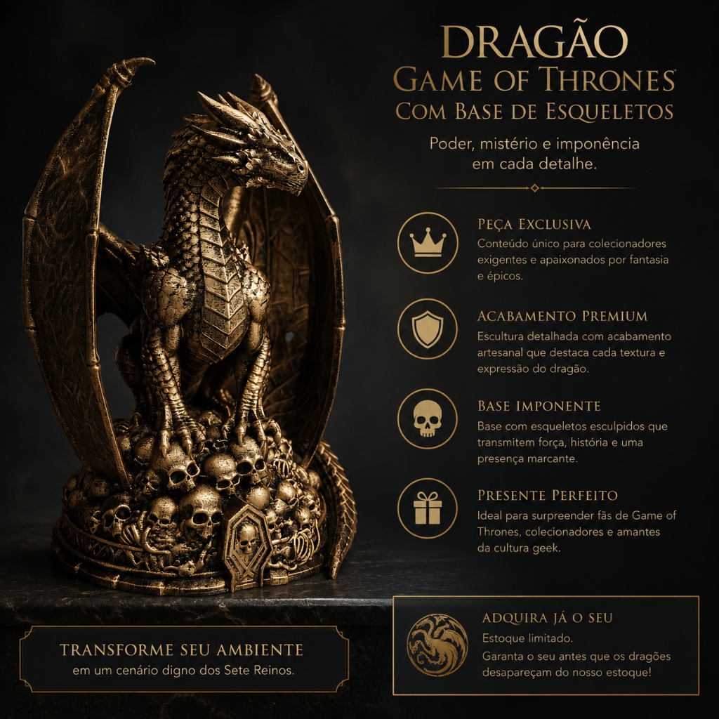 Estátua Dragão Game Of Thrones 18cm Decoração Geek House of the Dragons Base Caveiras Ouro Envelhec