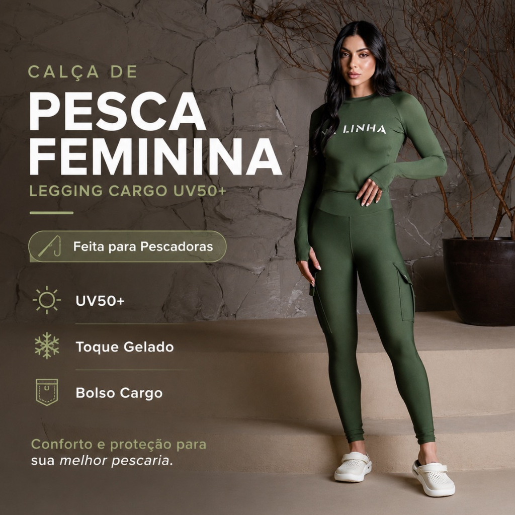 Calça de Pesca Feminina com Proteção Solar, Cintura Alta, Tecido Frio, Bolso Cargo.
