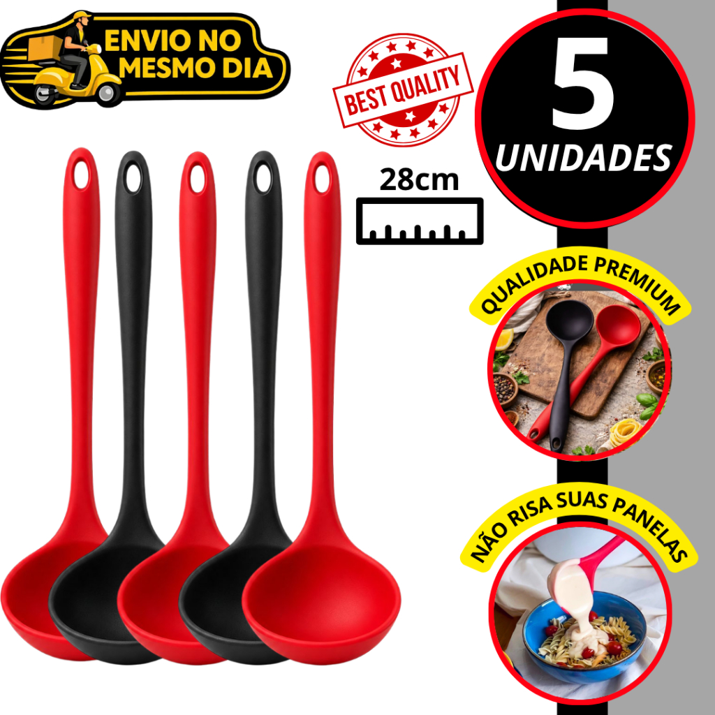 KIT 3/5 Concha 100% Silicone Premium 29cm Antiaderente Resistente ao Calor Não Risca Panelas Utensilio de Cozinha