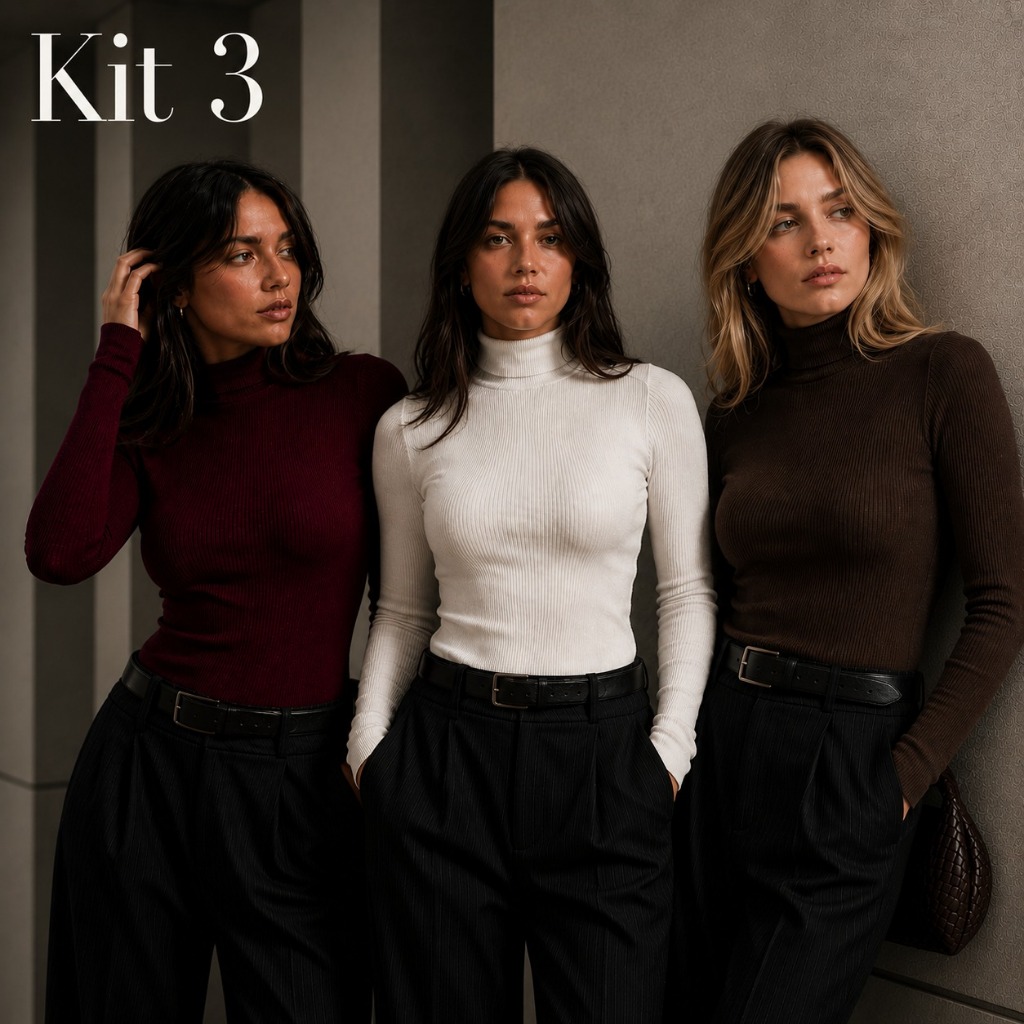 KIT 3 Blusas Feminina Cacharrel Canelada Premium Gola Alta Manga Longa Sueter Elegante Básica Inverno