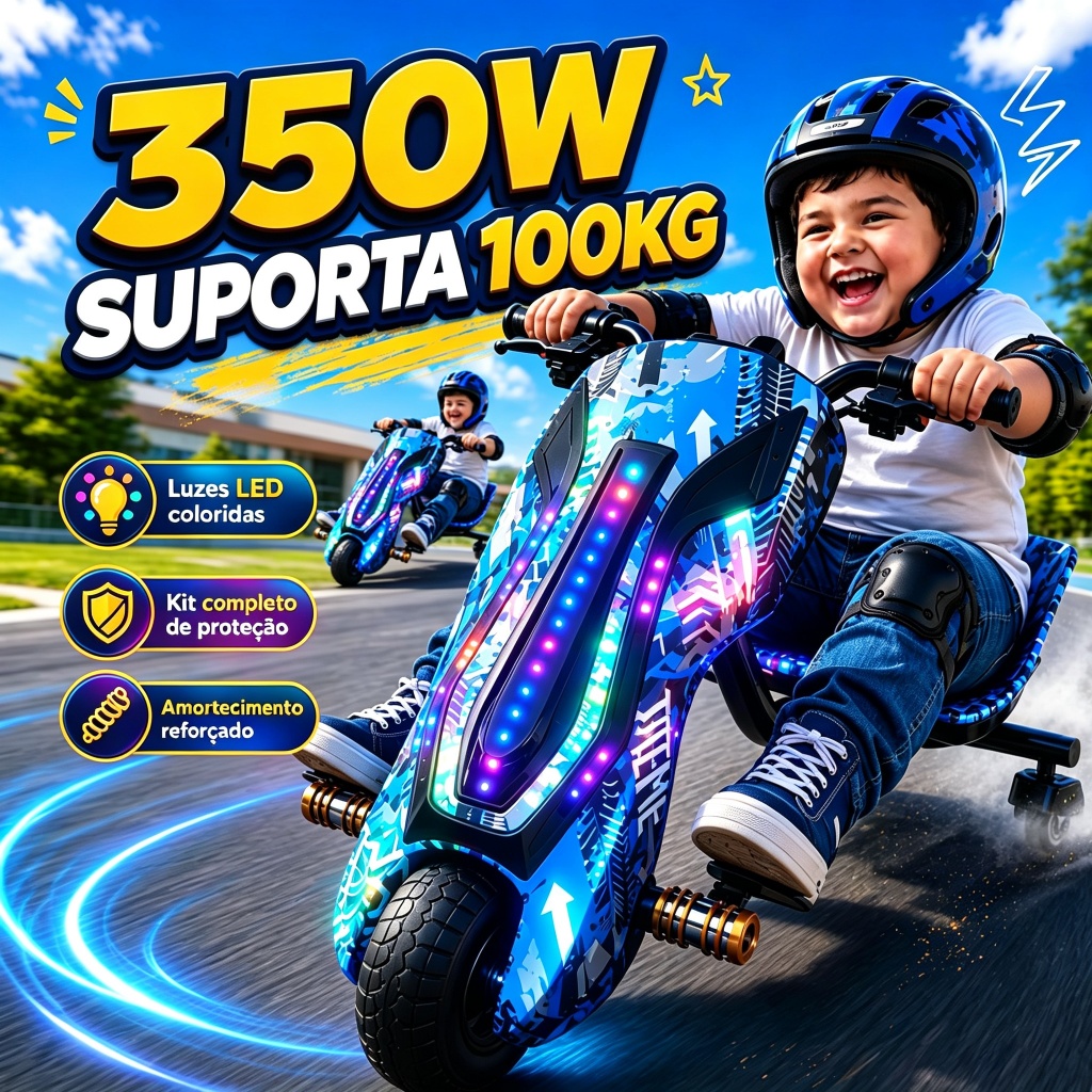 Kart Drift Elétrico Infantil Trike LED Bluetooth com Proteção 350W 3 Velocidade Amortecedor Proteção
