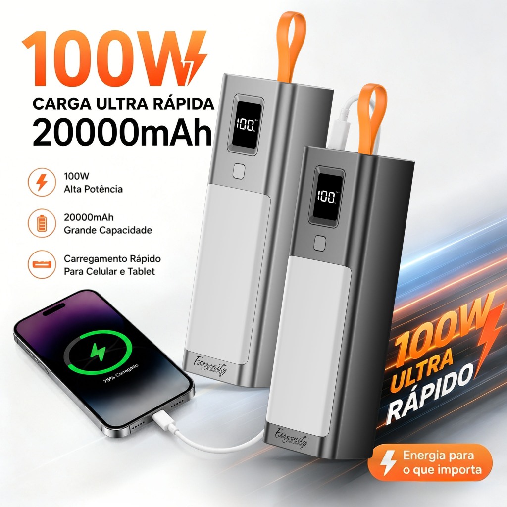 Power Bank Carregador Portátil 20000mAh 100w Digital compatível com iPhone e Samsung Power Bank com Display