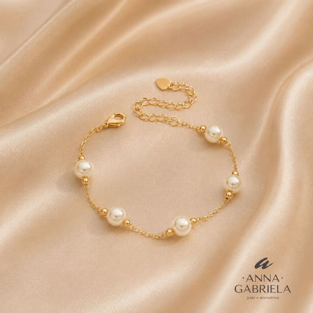 Pulseira Sofisticada Clássica Bolinhas Pérolas Banhado a Ouro 18K Antialérgico Evento - Anna Gabriela Semijoias