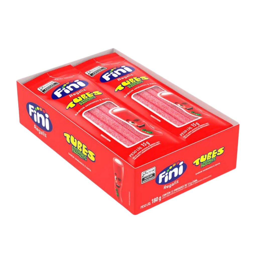 Bala Fini Tubes Azedinhos Morango e Nata 12 Unidades 15g Doces Gelatina Fini