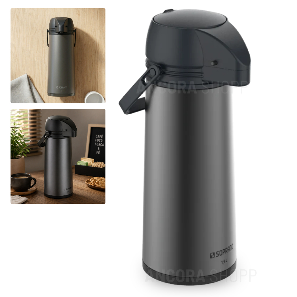 Garrafa Térmica Grande 1,9 Litros de Café Chá Single Inox  Preto Conserva Quente Frio Soprano 1,9L