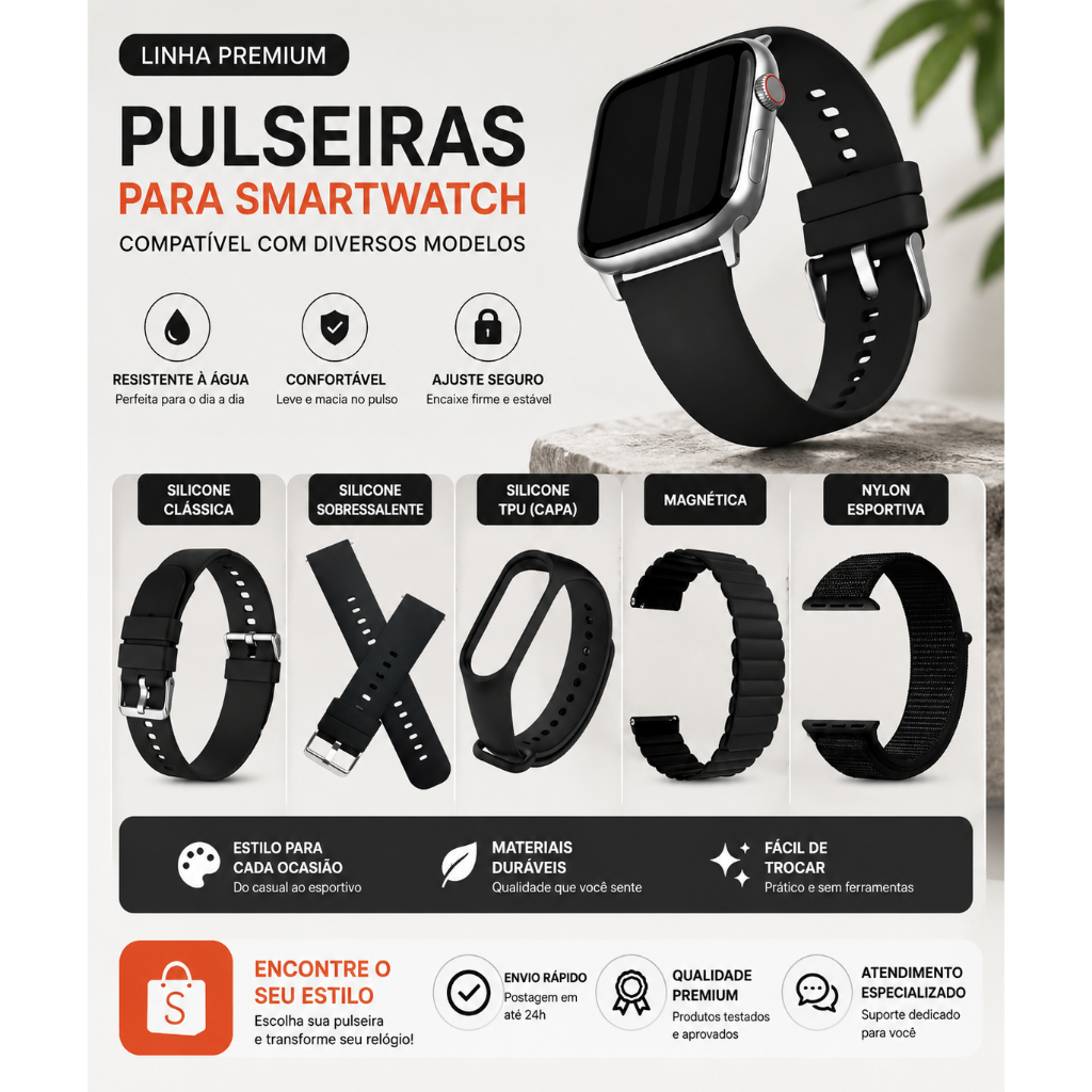 Pulseira para Smartwatch Silicone Magnética Nylon Sport Compatível com Diversos Modelos
