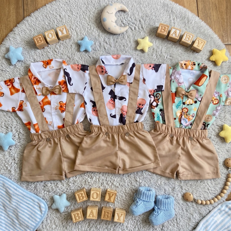 Conjunto Infantil Social Camisa Temática Bermuda com Suspensório  Gravata Roupa Bolofofos Safari Bento Totó
