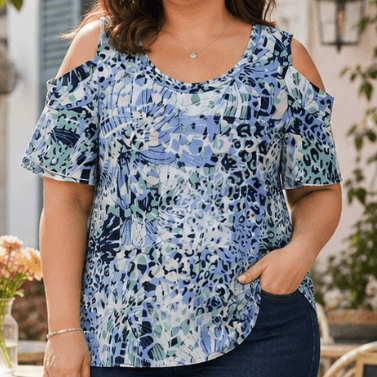 [Brechó] Blusa Feminina Estampada Azul Ombro Vazado com Babado Manga Curta Elegante Moderna Desapego Bazar Achadinhos