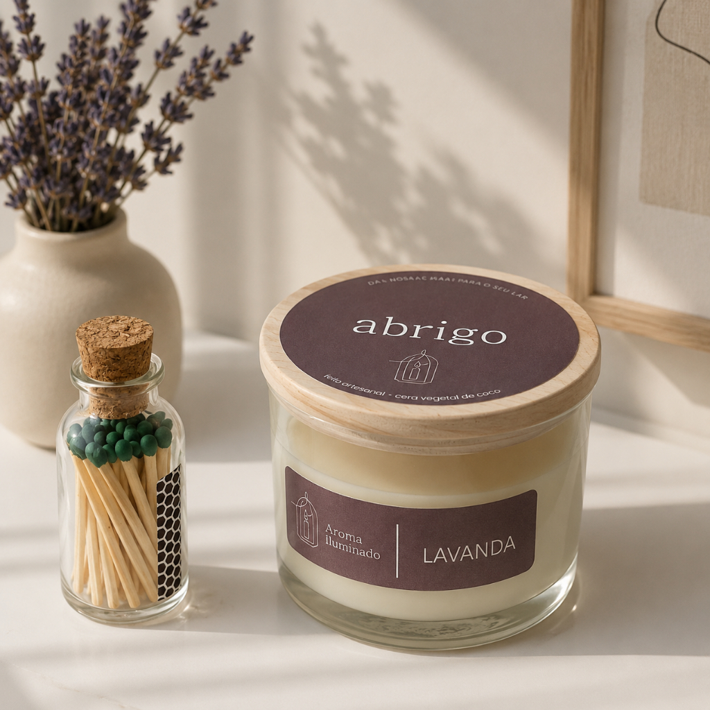 Vela Aromática Pote Vidro Cera de Côco Tampa Pinus + Fósforo Acendedor Decoração Casa