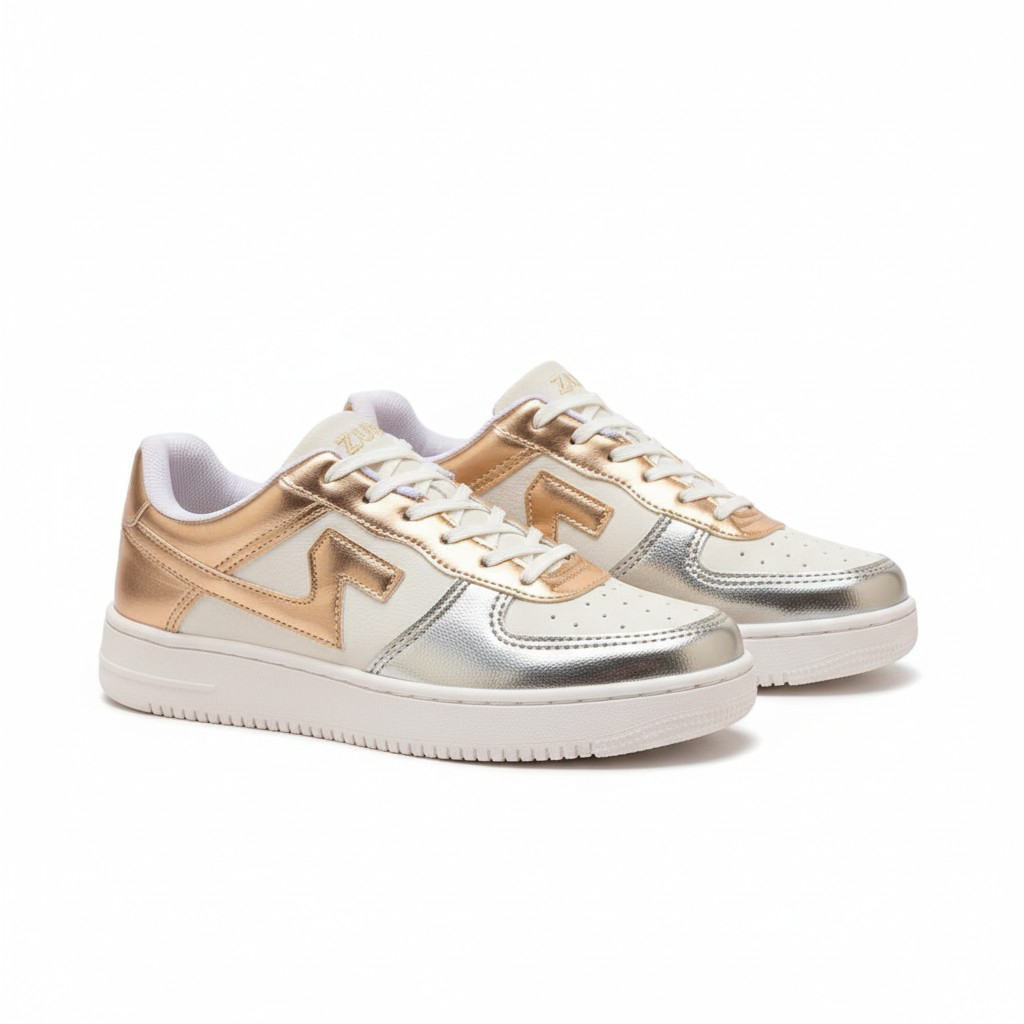 Tênis Casual Feminino Blogueira Plataforma Sapatênis Branco Metalizado Prata E Dourado Confortável