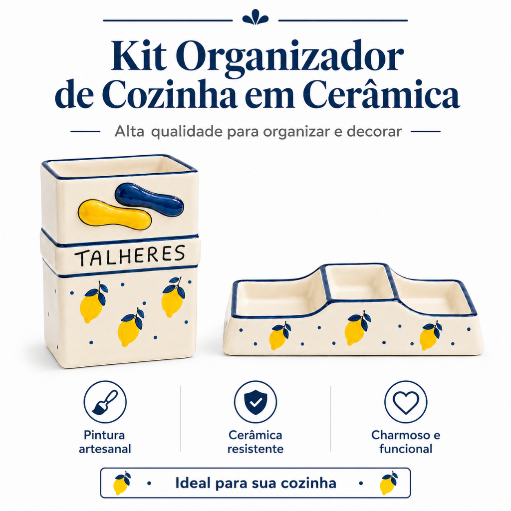 Kit Organizador De Pia Detergente Esponja Porta Talheres Cerâmica Pintado À Mão Cozinha Área Gourmet
