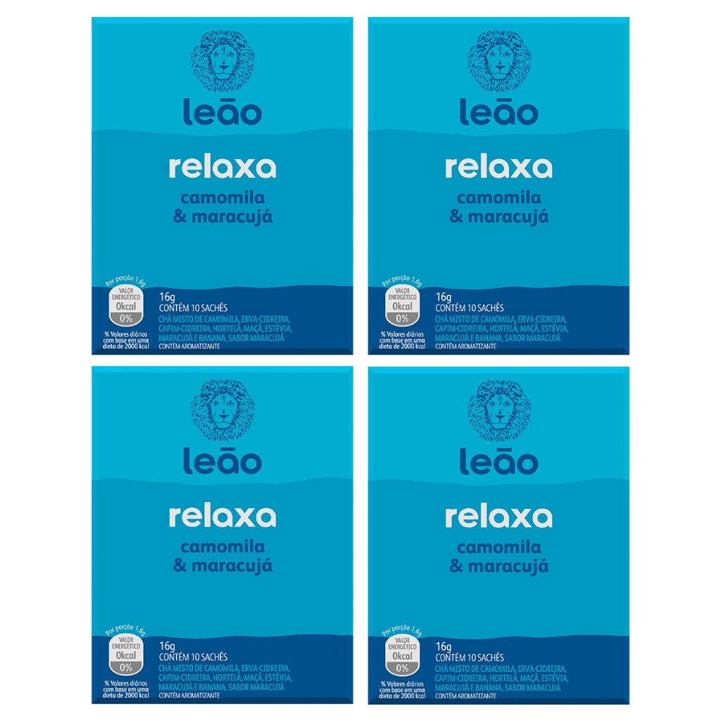 Chá Leão Funcionais Relaxa Camomila E Maracujá 4 Caixas Com 10 Sachês Cada