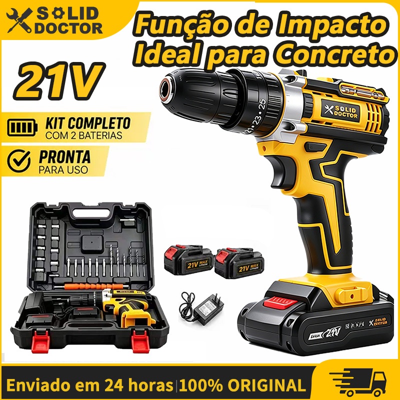 Solid Doctor Furadeira e Parafusadeira de Impacto a Bateria Recarregável Sem Fio 21V Com 2 Baterias