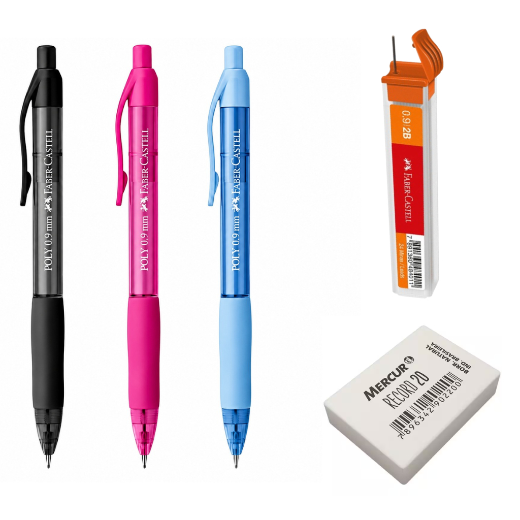 Kit Lapiseira Poly Faber Castell 0.9mm +1 Grafite 0.9 2B Faber +1 Borracha Mercur