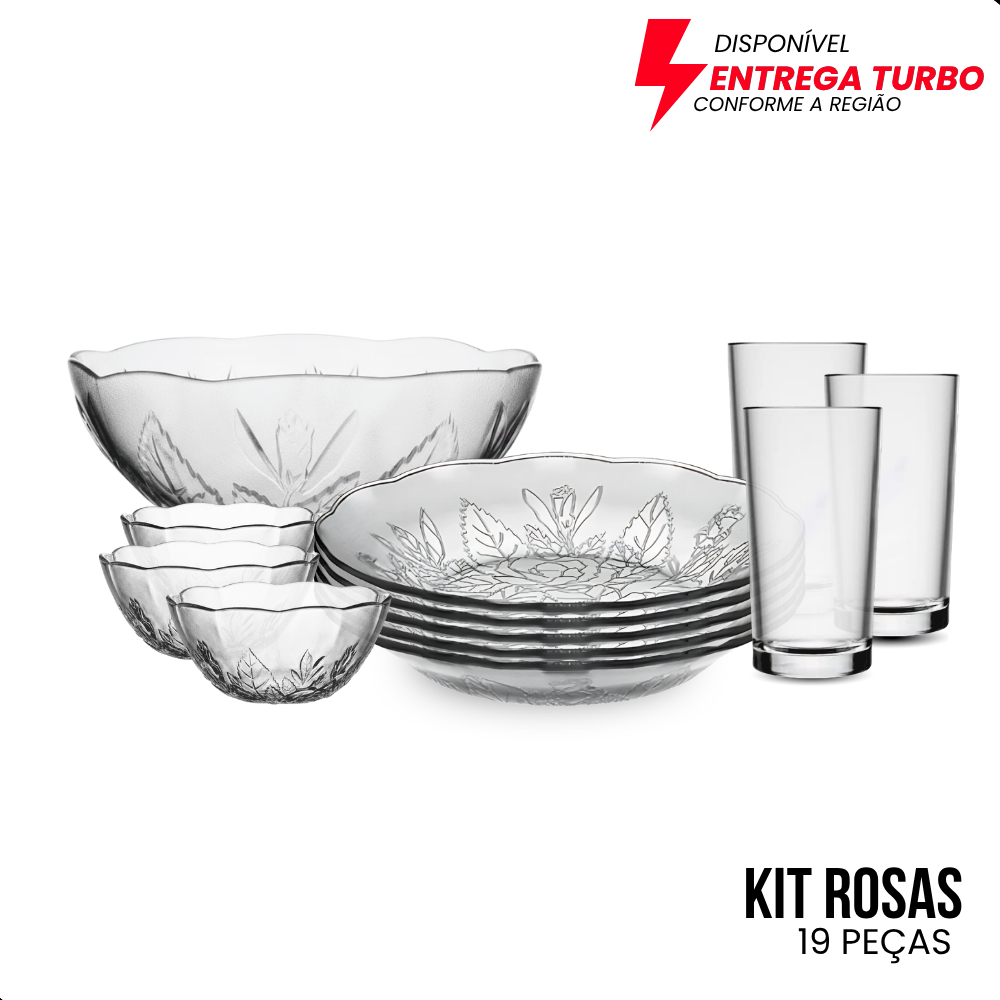 Aparelho de Jantar 19 Peças Pratos Copos Tigelas Saladeira Vidro Elegante Completo Mesa Posta