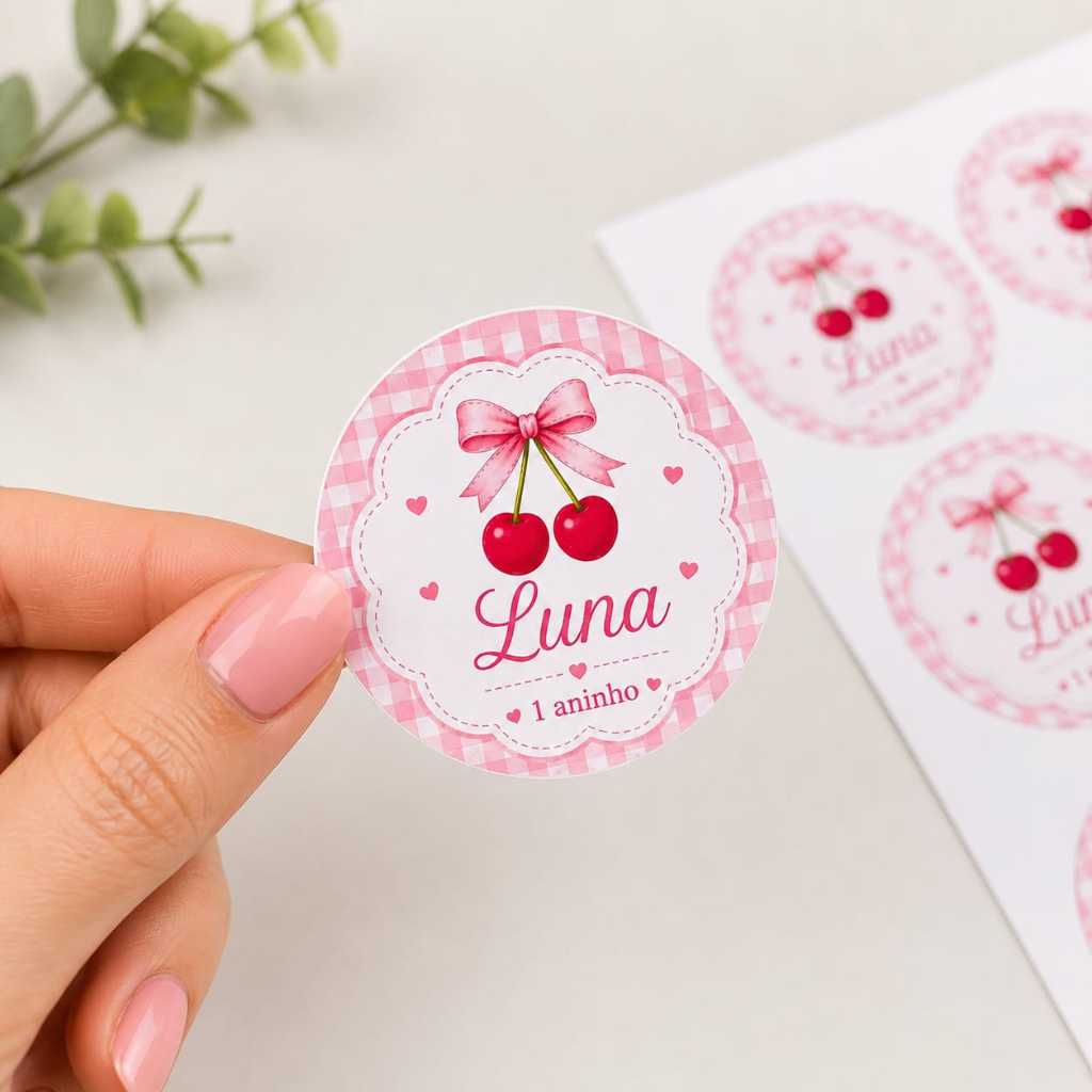 100 Adesivos Cerejinha Personalizado - Adesivo Redondo para Lembrancinhas - Aniversário Cerejinha