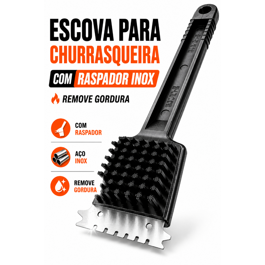 Escova Limpa Grelha Aço Inox Com Raspador Removedor de Gordura Churrasqueira