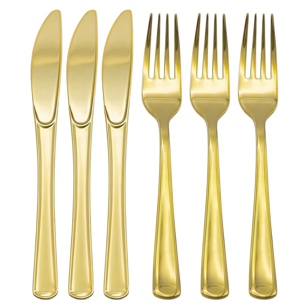 Kit Garfos e facas descartáveis dourado luxo para festa, talheres resistente 50/100 pessoas
